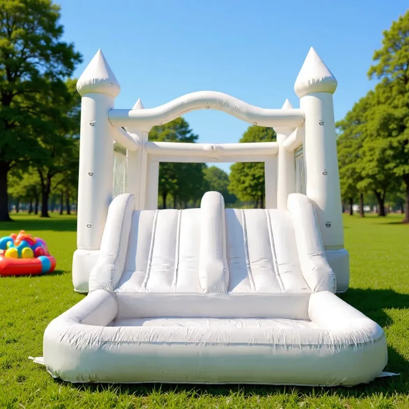 Kids Outdoor Jump House - Castelo Inflável Branco Gigante com Escorregador